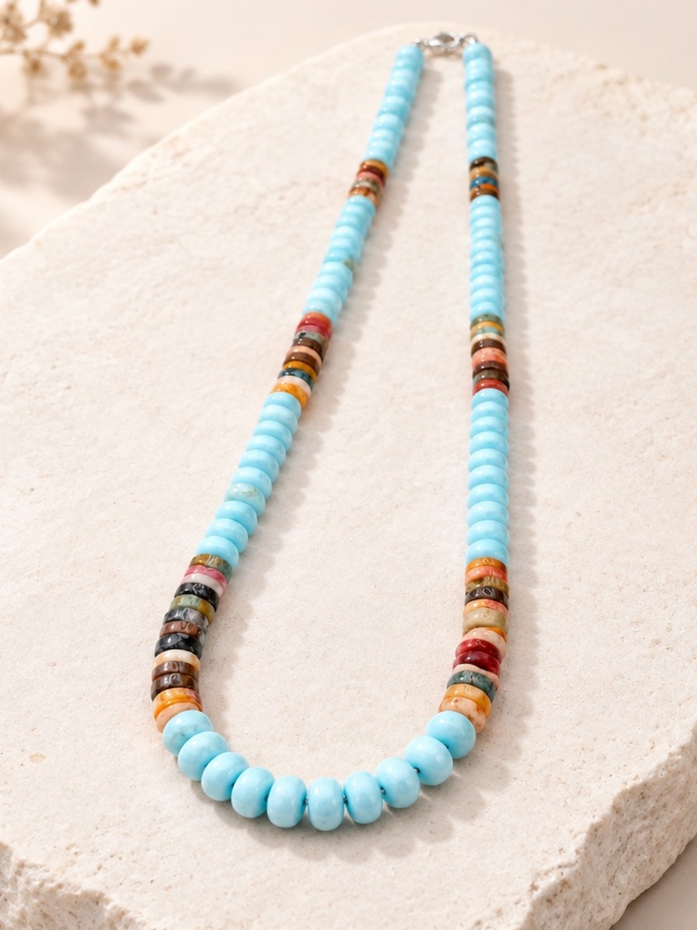 Peruvian Blue Opal with Spiney oyster beaded Necklace  16 inches long